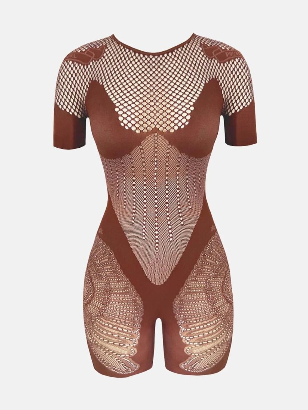 NEW Poster Girl Vivian Playsuit Old Money Brown Fishnet Sheer Mesh Short Romper